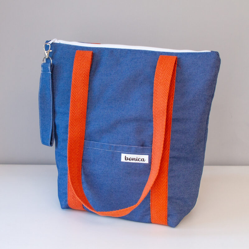 Bolso totebag mujer en color denim azul con asas color teja